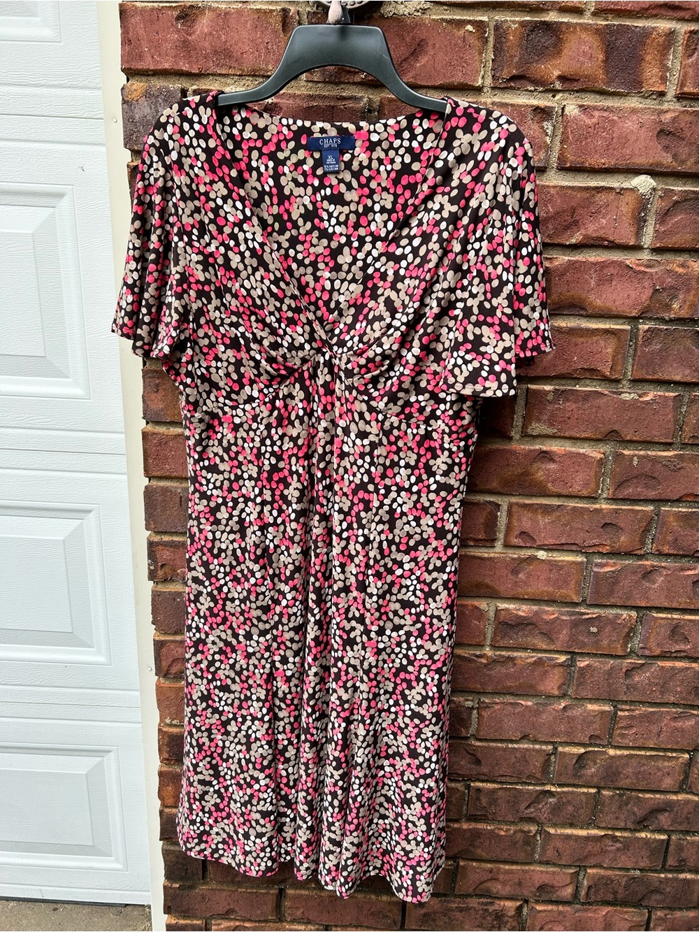 Chaps Black Dress with Pink and Cream Dot Print, V-Neck Midi